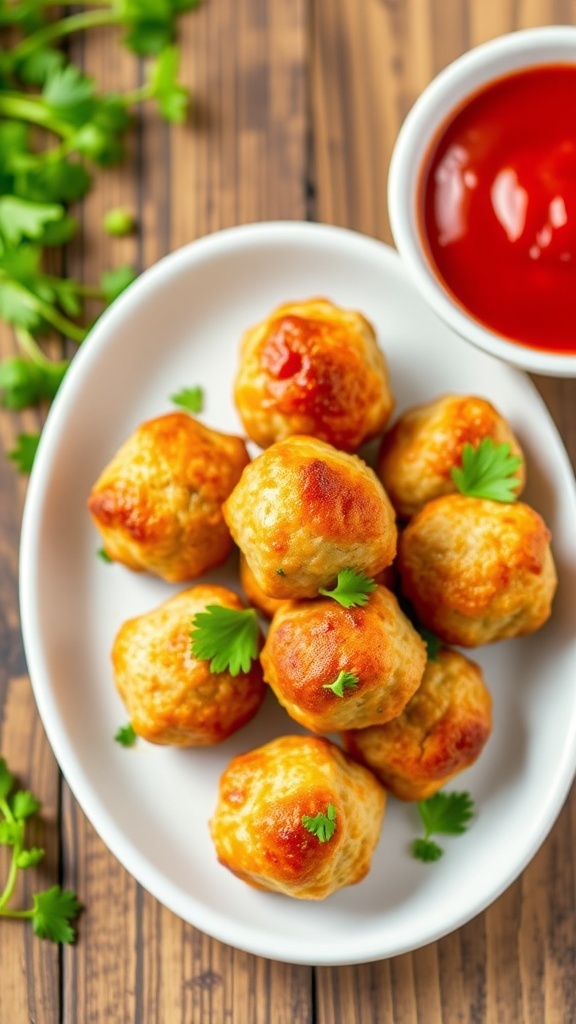 Air Fryer Chicken Meatballs Recipe Crispy air fryer chicken meatballs on a plate with marinara sauce and parsley.